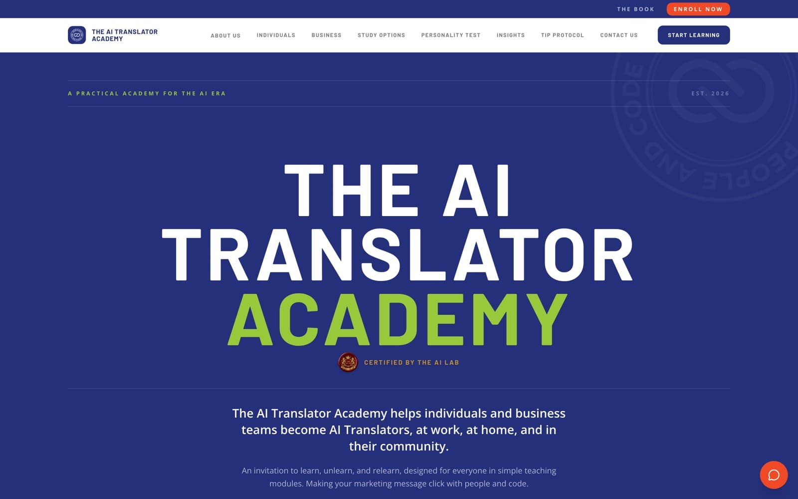 The AI Translator Academy homepage, a deep blue masthead with the academy name in white and green and the Certified by The AI Lab seal beneath it