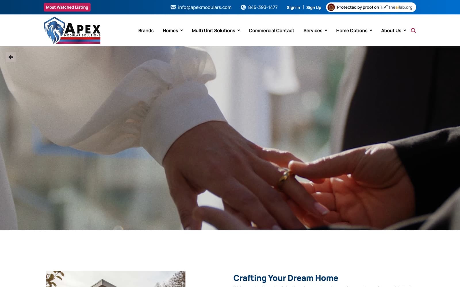 The Apex Modular Solutions homepage, with the Protected by proof on TIP badge in the header beside the sign in links