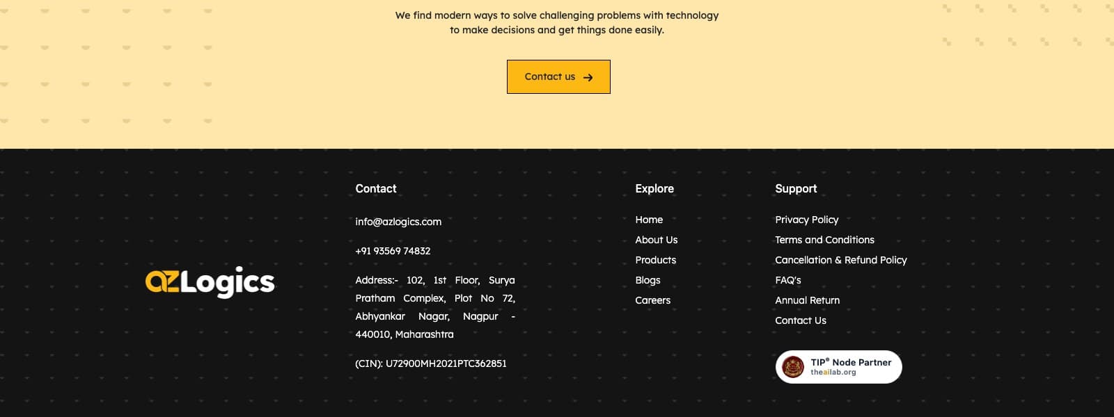 The AzLogics site footer, a dark band beneath a yellow contact strip, with the AzLogics logo, contact details and site links, and the TIP® Node Partner badge beneath the support links